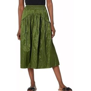Vince Tiered Smock Midi Skirt Elastic Waist Green